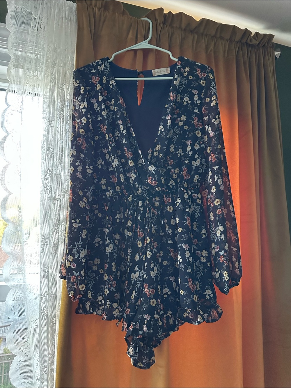 Altar'd State Black Floral V-Neck Long Sleeve Romper